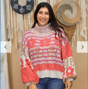 Floral Stripe Turtleneck Sweater in Pink & Cream